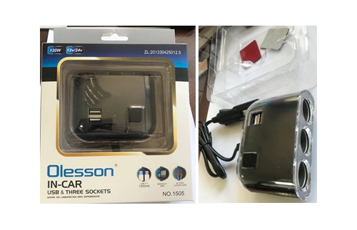 OLESSON Автомобильная зарядка на 3 гнезда + USB (черная)