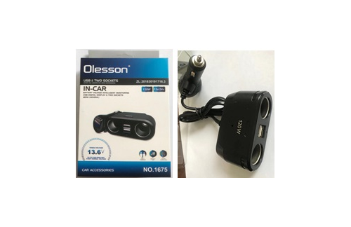 OLESSON Автомобильная зарядка на 2 гнезда +USB (черная)